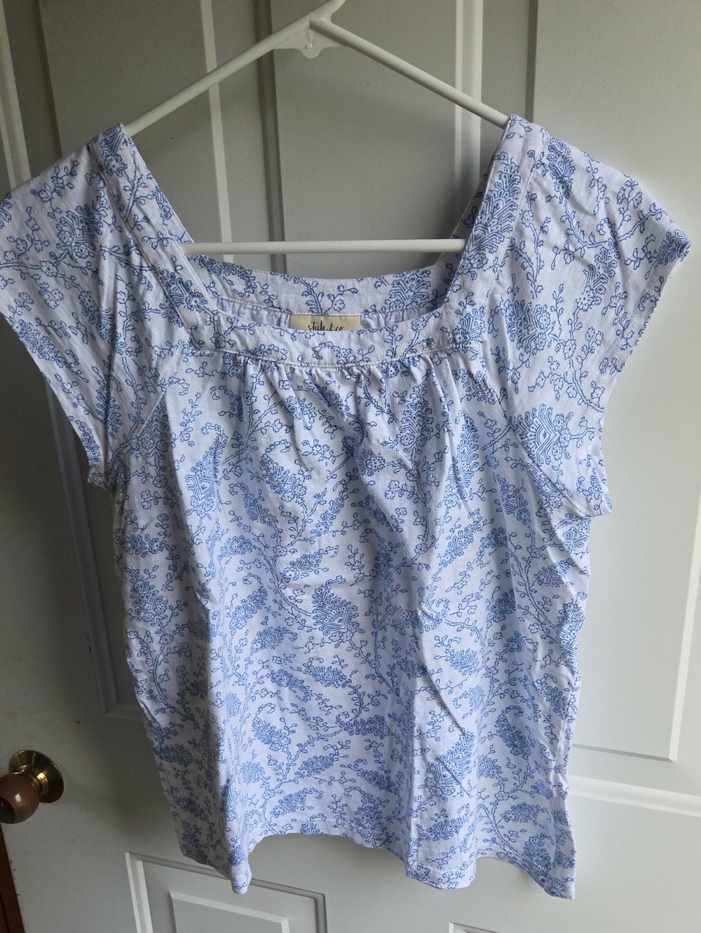 Style & Co. White Cap-Sleeve Blouse with Blue Floral Print